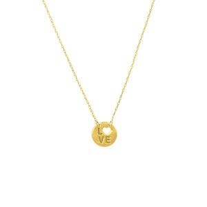 14K Solid YellowGold Mini Disk Disc Heart Love Necklace